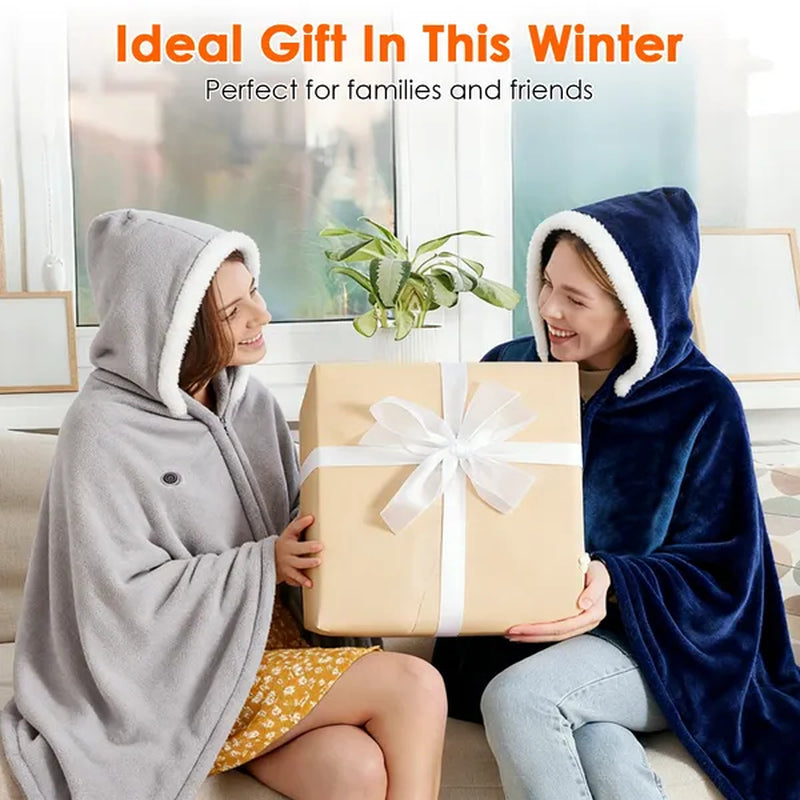 Wearable Heated Throw Blanket Double-Sided Flannel Portable Electric Heating Hoodie for Women Men Machine Washable 3 Heating Levels Battery Operated