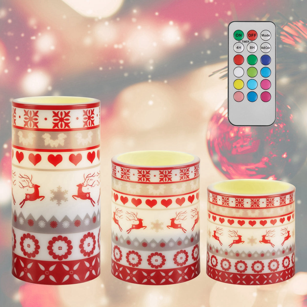 3Pack Christmas Flameless LED Candles Deer Flickering Candle Lights Pillar Candles with 3 Lighting Modes Timer Remote Control