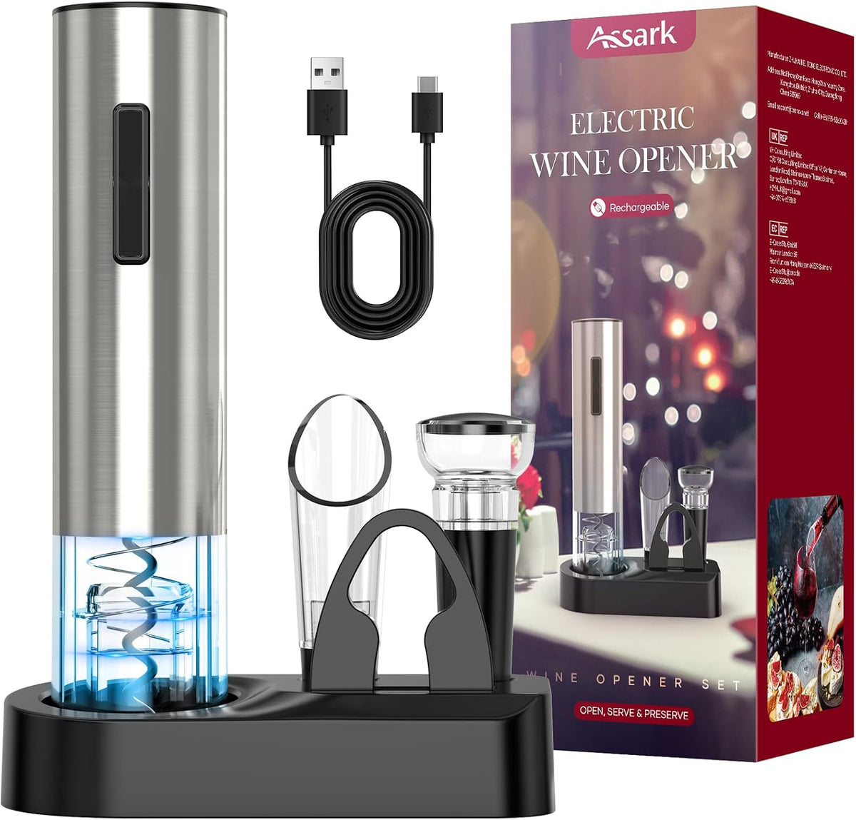 Electric Wine Opener,Rechargeable Automatic Wine Opener Corkscrew Opener Set with Wine Stopper, Foil Cutter, Wine Aerator,Storage Base & USB-C Cable Gifts for Wine Lovers