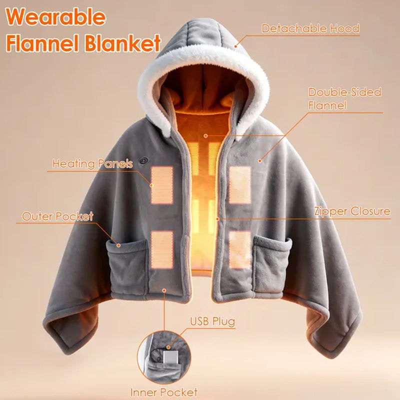 Wearable Heated Throw Blanket Double-Sided Flannel Portable Electric Heating Hoodie for Women Men Machine Washable 3 Heating Levels Battery Operated