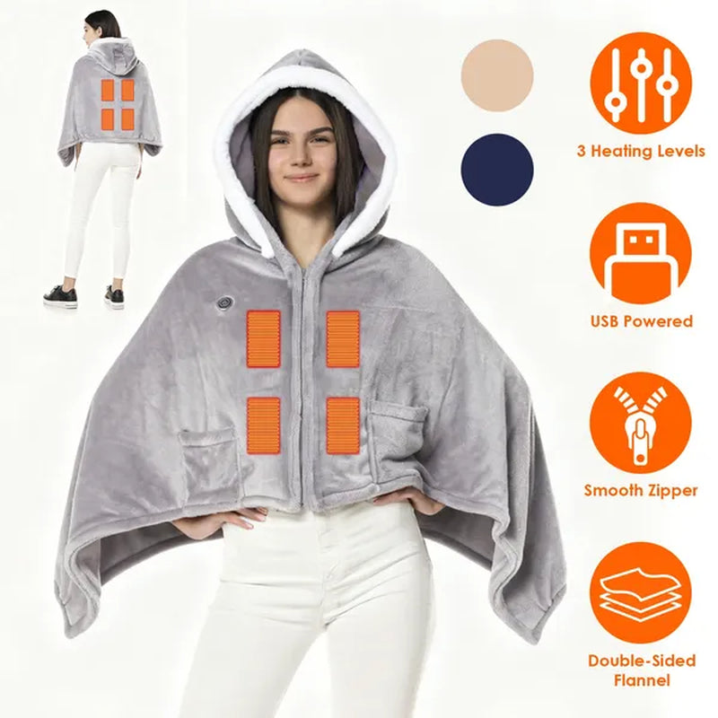 Wearable Heated Throw Blanket Double-Sided Flannel Portable Electric Heating Hoodie for Women Men Machine Washable 3 Heating Levels Battery Operated